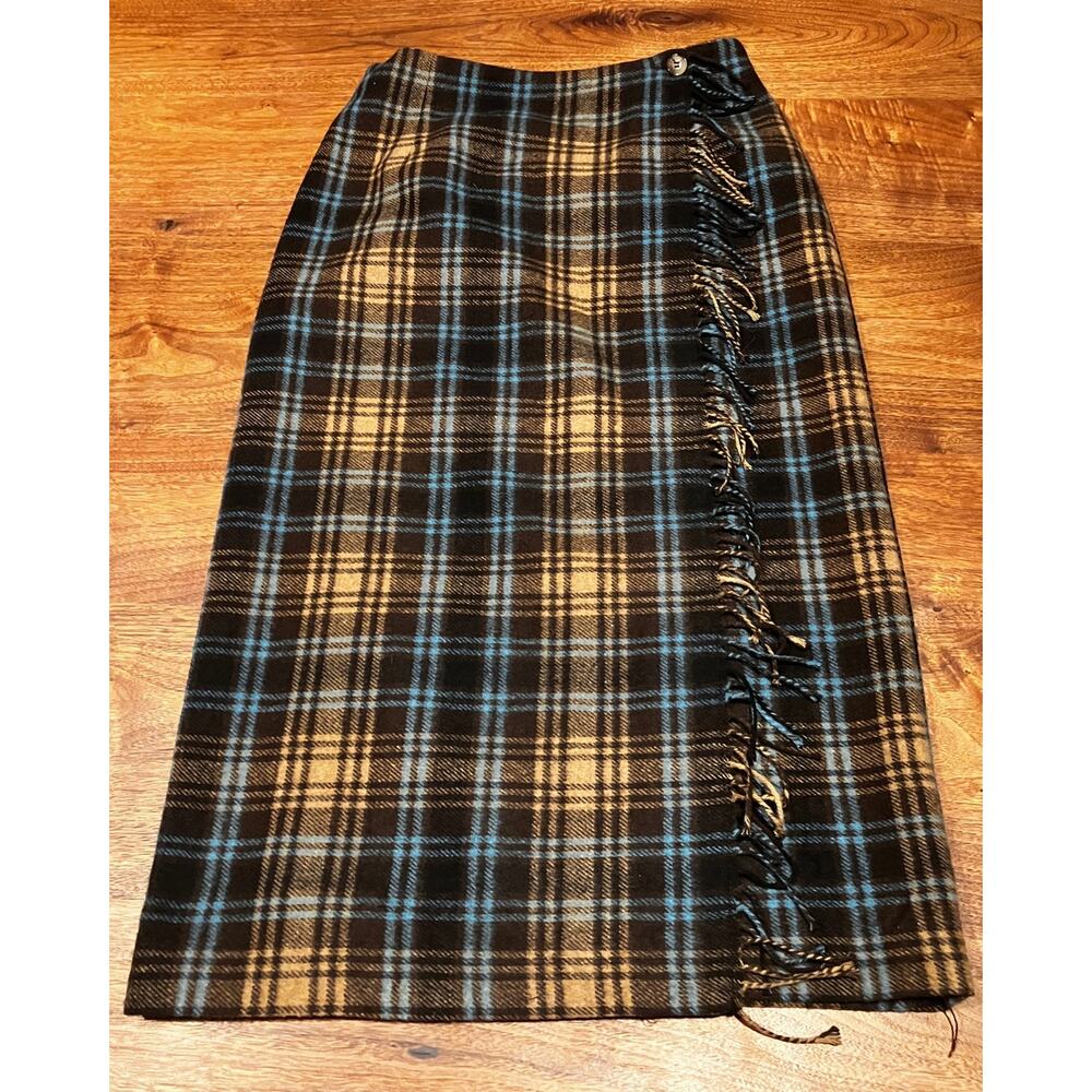 Cambridge Country Plaid Wrap Skirt‎ Womens 12P Wool Blend Fringe Side